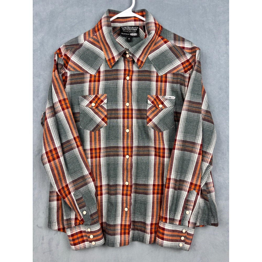 Powder River Outfitters Panhandle Mens XL Plaid Western Snap Shirt Grey Orange